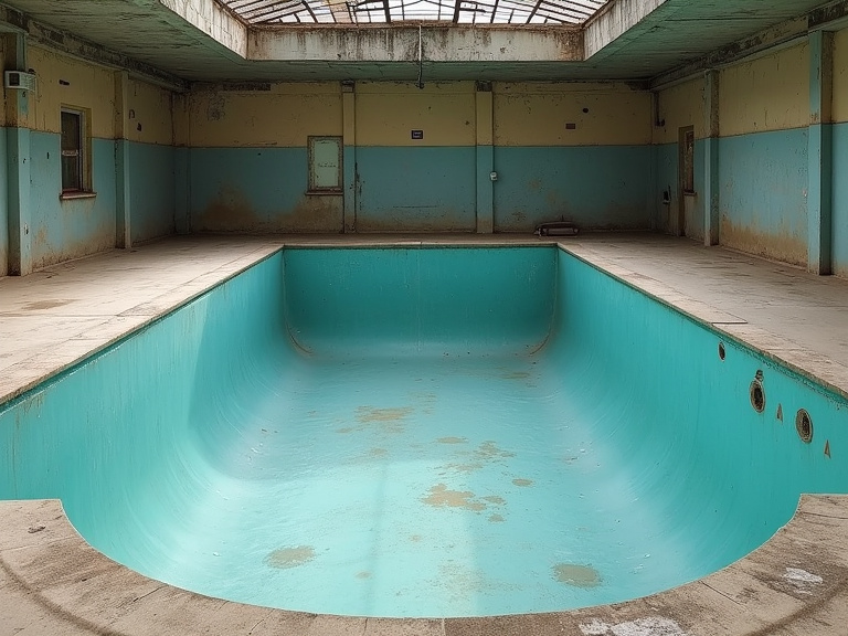 Coque de piscine polyester ternie et farinante avant rénovation du gelcoat