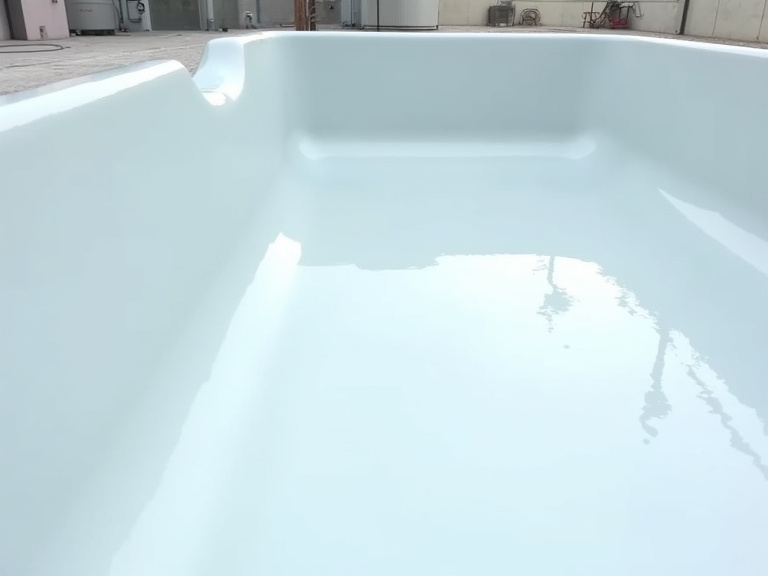 Application d'un gelcoat blanc neuf sur une coque de piscine polyester