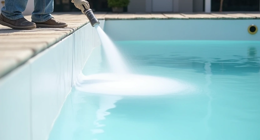 Application de gelcoat neuf sur une coque de piscine polyester